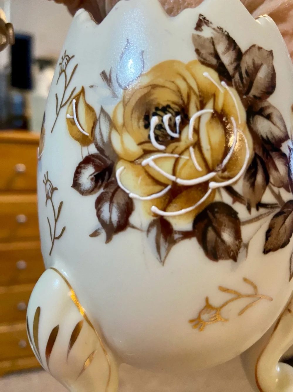 Pair of Vintage Napcoware Cracked Egg Vases with Brown and Gold Flowers